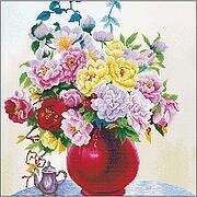 Cabbage Roses In A Vase - Pre-Printed Cross Stitch Kit