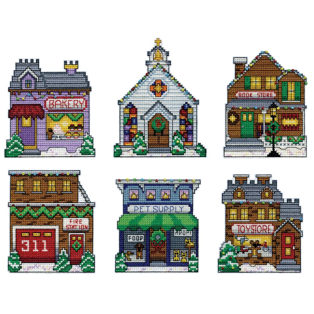 Design Works Village - Christmas Ornaments - Plastic Canvas Kit 6879 - 123Stitch design-works-village-christmas-ornaments-plastic-canvas-kit-6879-123stitch
