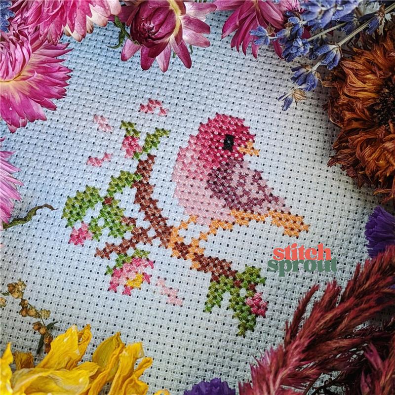 StitchSprout Cross Stitch Rose Finch on Cherry Blossom - Cross Stitch Pattern - 123Stitch stitchsprout-cross-stitch-rose-finch-on-cherry-blossom-cross-stitch-pattern-123stitch